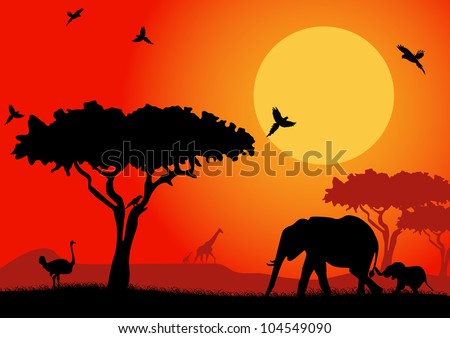 Silhouette of an elephants, ostrich and stunning eagle in the African desert