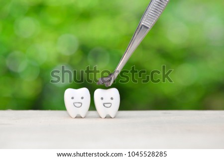 Dentist use tweezers to set of the caries from smiling tooth model for dental health care concept