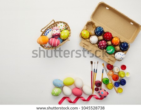 Happy easter day white rustic wooden, minimal background, flat lay, top view