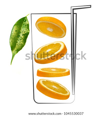 Fruit composition with fresh orange and cartoon cute doodle drawing glass with straw on white background. Creative minimalistic food concept.
