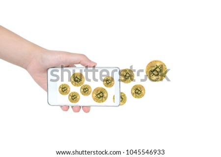 Clipping path, People hand holding smartphone to show financial transaction sell and buy via use digital currency golden bitcoins, on line shopping use bitcoin crypto currency isolated on white screen