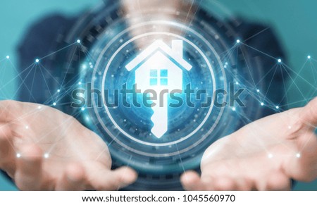Businesswoman on blurred background using real estate digital interface 3D rendering