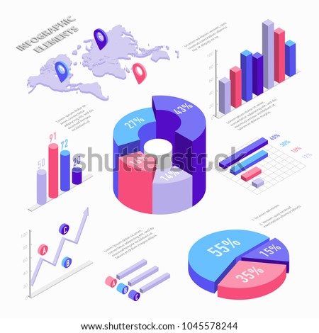 Isometric infographic elements with charts, diagram, pie chart, world map with pins and graphs with percent. Set of Isometric bar charts vector flat illustration isolated on white background.