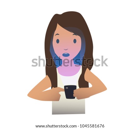 A young girl looks at the smartphone screen. Vector illustration, isolated on white background.