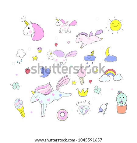 Cute hand drawn unicorn collection. Includes such elements as unicorns, diamond, sun, star, cactus, flying bird, rainbow with clouds, crown, donut and so on. Vector illustration for your design.