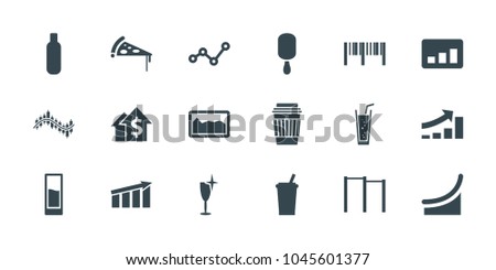 Bar icons. set of 18 editable filled bar icons: bottle, clean wine glass, drink, ice cream on stick, soda, dolar growth, horizontal bar, chart, graph, barcode