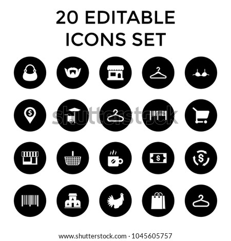 Shop icons. set of 20 editable filled shop icons such as hanger, bra, bag, dollar location, bar code, store, shopping cart, turkey. best quality shop elements in trendy style.