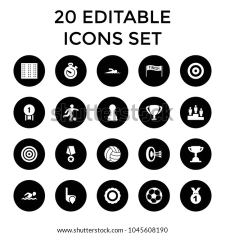 Competition icons. set of 20 editable filled competition icons such as field, medal, target, award, stopwatch, ranking. best quality competition elements in trendy style.