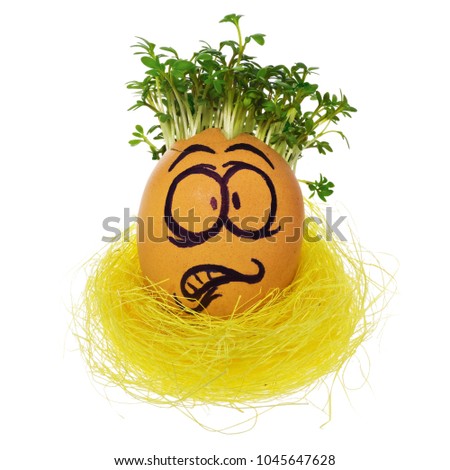 Hand painted Easter egg in a funny, terrified, frightened, surprised, face of a guy with cress like hair in a yellow bird's nest. The watercress stylized for the hairstyle of the character.