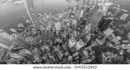 Panorama aerial view of Hong Kong city in black and white tone