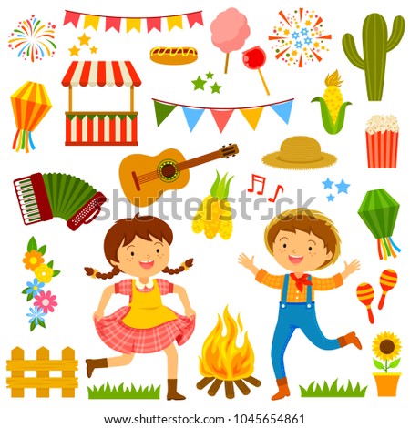 Set of cartoons for Festa Junina with dancing kids and related items.