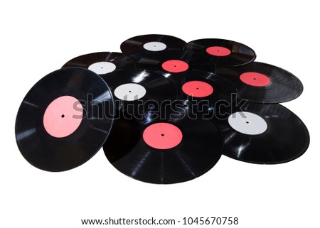 Many vinyl discs red and white label