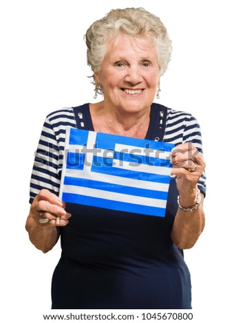 Happy Senior Woman Holding Greece Flag On White Background