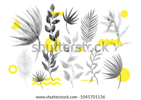 Universal trend halftone floral set juxtaposed with bright bold geometric leaves foliage yellow elements composition. Design elements for Magazine, leaflet, billboard, sale Royalty-Free Stock Photo #1045701136