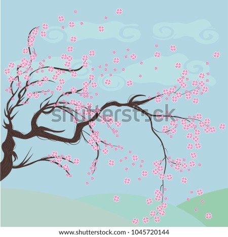 blossoming tree on a blue background