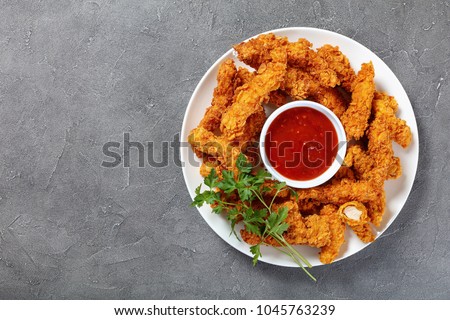 delicious crispy fried chicken breast strips  with tomato sauce on white plate, on concrete table, view from above Royalty-Free Stock Photo #1045763239