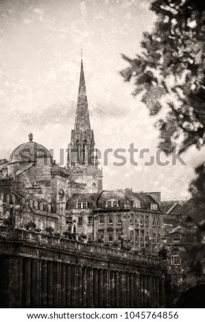 Bath (UK). Retro style image of cityscape view with Pulteney Bridge over the River Avon and St Michael's Church. Blurry tree leaves at foreground. Toned black white photo with scratches. 