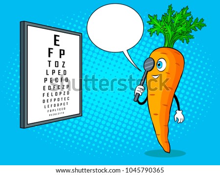 Carrot check vision with Snellen chart pop art retro vector illustration. Cartoon food character. Text bubble. Color background. Comic book style imitation.