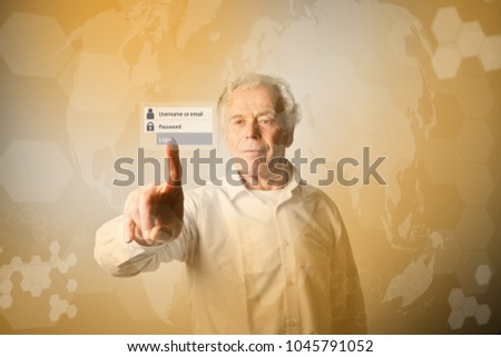 Old man in white is pushing the virtual button. Login and password concept.