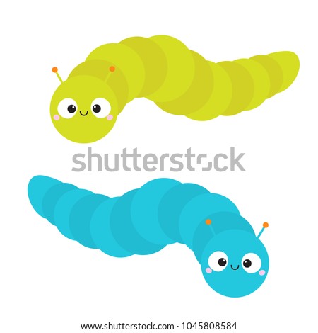 Caterpillar insect icon set. Baby collection. Crawling catapillar bug. Cute cartoon funny character. Smiling face. Flat design. Colorful bright blue green color. White background. Isolated. Vector