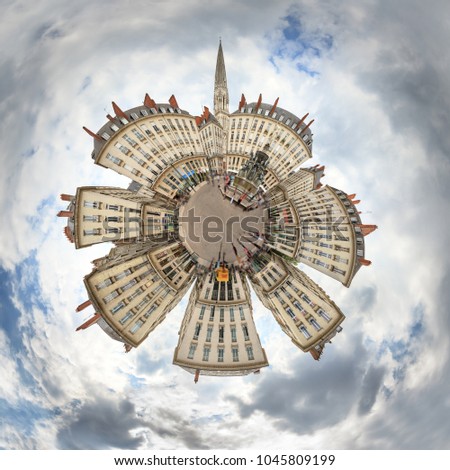 Spherical fisheye panorama as little planet of town square Place Royale in the shopping center of Nantes, France, on a summer day with the Basilique Saint-Nicolas de Nantes in the background