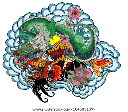 Dragon with Koi Dragon and lotus flower tattoo.peach with Sakura and plum flower on cloud background.Traditional Japanese tattoo for print to t-shirt.Asian Tattoo design.