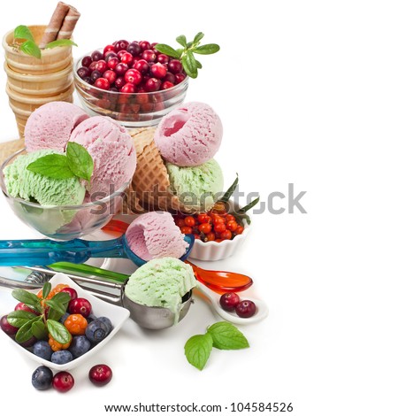border ice cream with fresh berries with copy space  isolated on white