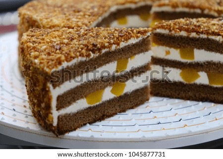 Sliced chocolate cake on plate closeup photo