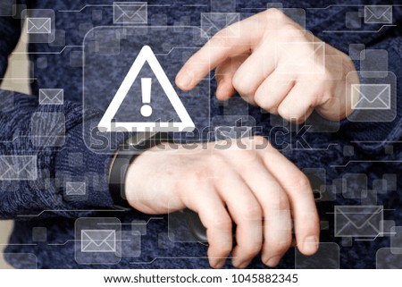 Businessman pressing button attention security online network mail.