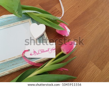 Pink tulips with a thank you note, vintage picture frame and heart, Spring flowers, Note card