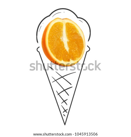 Fruit composition with fresh orange and cartoon cute doodle drawing ice cream on white background. Creative minimalistic food concept.