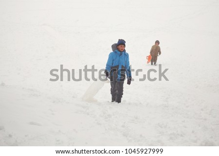 Belarus, Grodno, Lake Molochnoe in the winter. People sledding on the slides