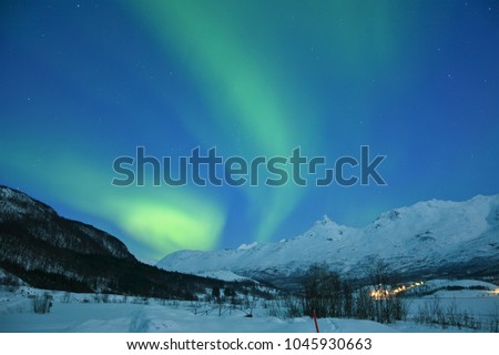 TROMSO, NORWAY - The northern lights (Aurora Borealis) over Laksvatn, Troms by a frozen fjord