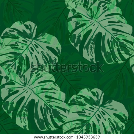 Tropical Pattern. Seamless Texture with Bright Hand Drawn Leaves of Exotic Tree. Trendy Rapport for Print, Cloth, Fabric. Vector Seamless Background with Tropic Plants. Watercolor Effect.