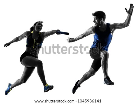 athletics relay runners sprinters running runners in silhouette isolated on white background Royalty-Free Stock Photo #1045936141