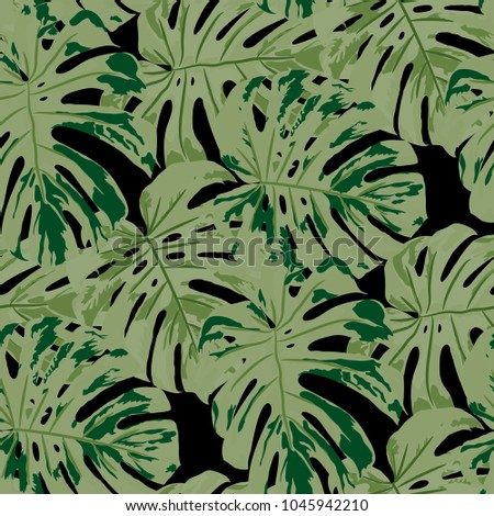 Tropical Pattern. Seamless Texture with Bright Hand Drawn Leaves of Exotic Tree. Trendy Rapport for Print, Textile, Swimwear. Vector Seamless Background with Tropic Plants. Watercolor Effect.