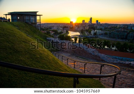 Panoramic view of Vilnius business city center and Vilia river from the Hill of Castle Tower Of Gediminas (Gedimino), Lithuania
