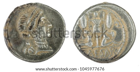 Roman Republic Coin. Ancient Roman silver denarius of the family Julia. Julius Caesar.