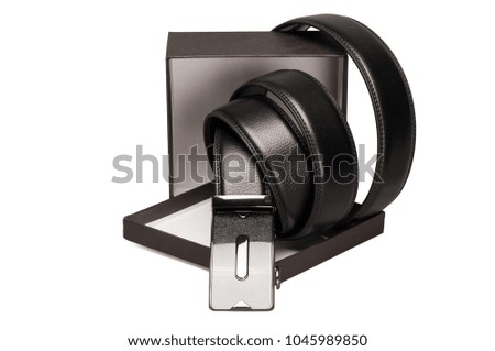 Black leather belt in a box
