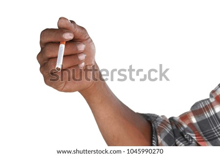 Cigarette in the hand with dirty nail on white background.  Concept is that smoking is harmful to people around you.