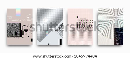 Covers templates set with bauhaus, memphis and hipster style graphic geometric and glitch elements. Applicable for placards, brochures, posters, covers and banners. Vector illustrations. Royalty-Free Stock Photo #1045994404