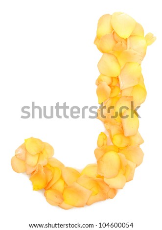 orange rose petals forming letter J, isolated on white