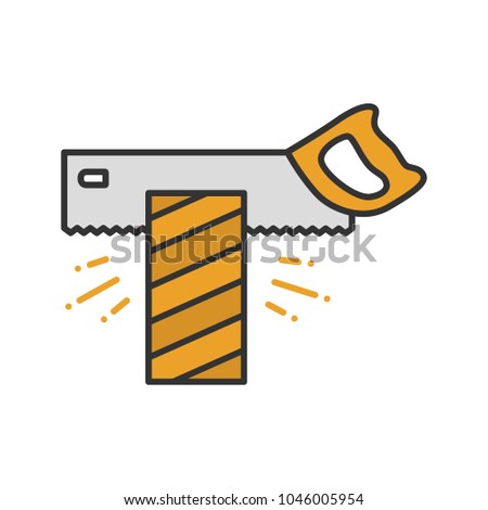 Tenon saw cutting wooden plank color icon. Isolated vector illustration