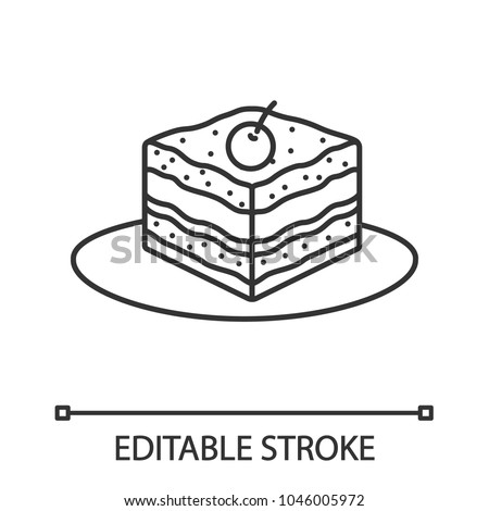 Tiramisu linear icon. Thin line illustration. Cake with cherry. Contour symbol. Vector isolated outline drawing. Editable stroke