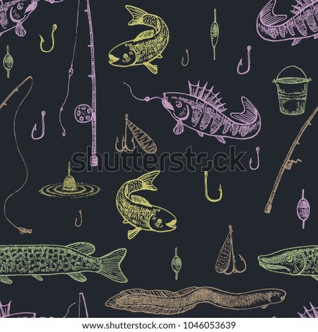Fishing seamless pattern. Hand drawn vector illustration with fishes and rods. 
