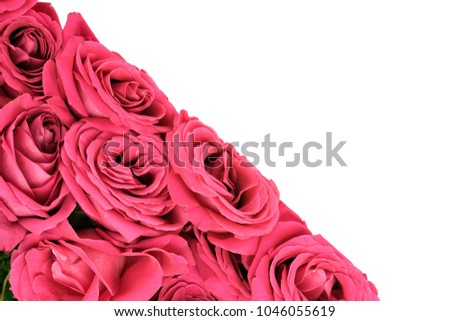 A bouquet of pink roses close-up of a triangle located in the corner and a vial for inscription on a white background.