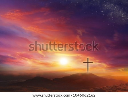 The Light of Christ Crucifix . Light of God . Light from sky . Cross on the top of the hill