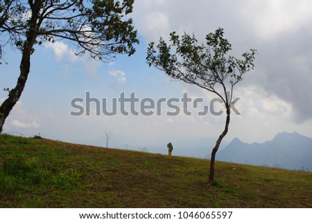 Woman standing alone on the cliff face. Surrounded by mountains and trees There is a gray cloud and the blue sky is the background. Natural background