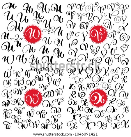 Hand drawn  calligraphy letter U, V, W, X. Script font. Isolated letters written with ink. Handwritten brush style. Hand lettering for logos packaging design poster