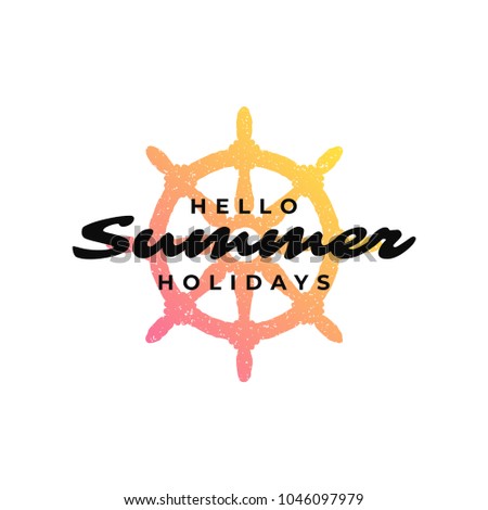 Typography summer t-shirt vector illustration. Graphic tee print design with hello summer slogan and steering wheel silhouette.